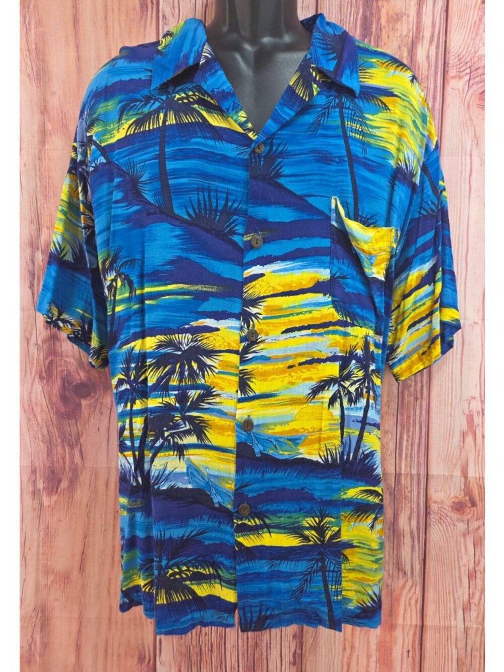 Pineapple Connection Mens Hawaiian Shirt Large Blue & Yellow Palm Tree Casual